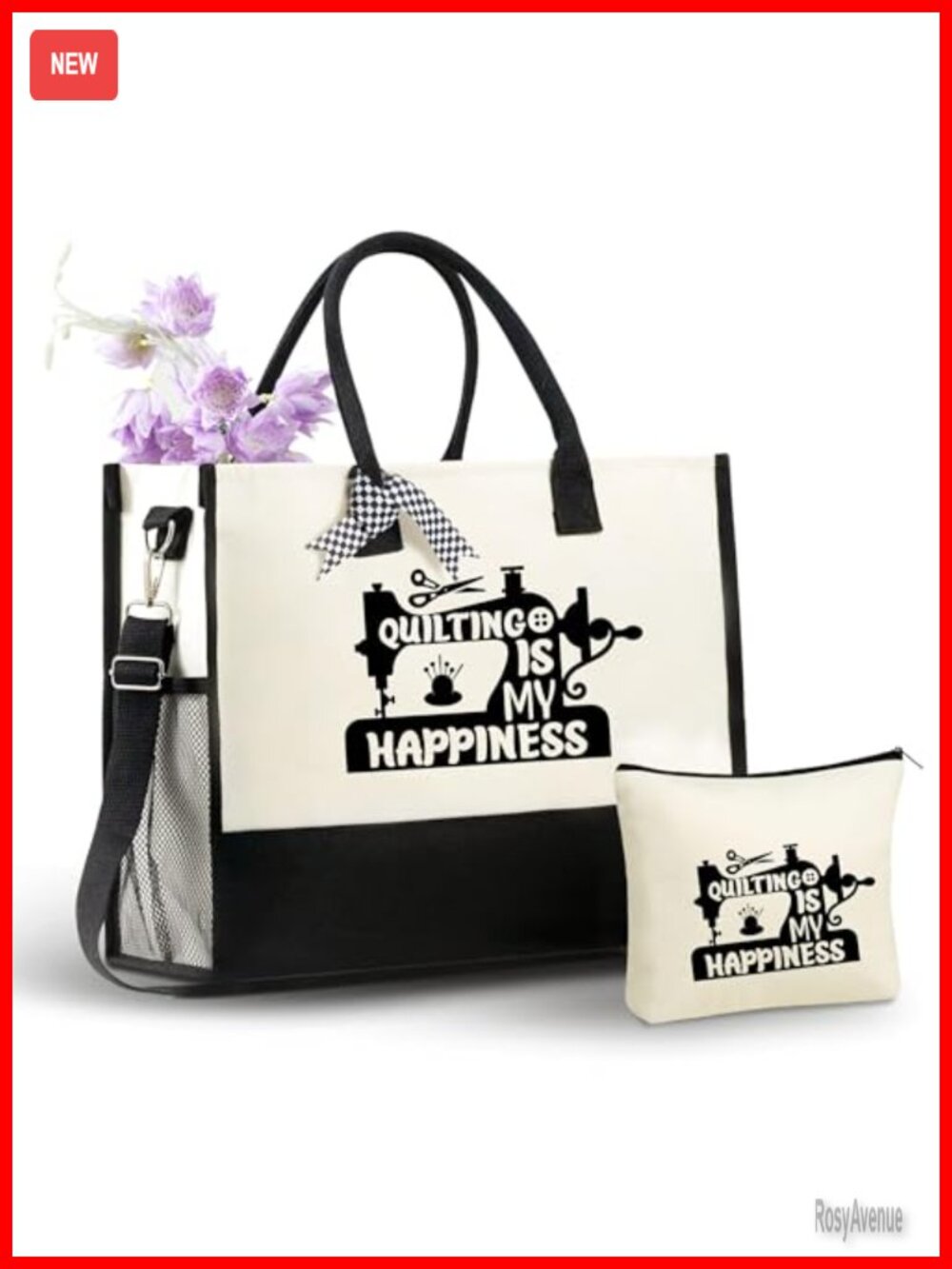 Canvas Tote Bag Set Quilting Gift Zipper Shoulder Strap Makeup Pouch